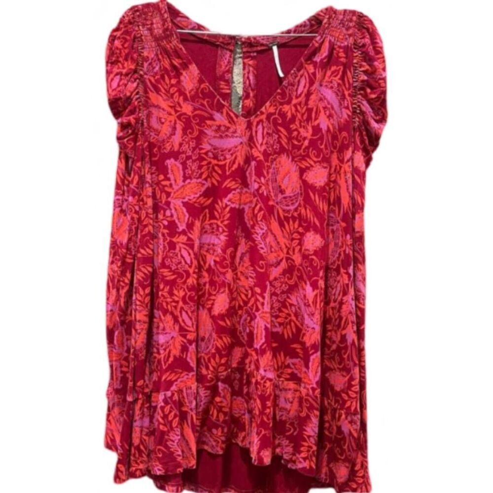 Free People Hello Lover Floral Mini Dress XS Red Puff Sleeve Keyhole Back - Picture 5 of 11